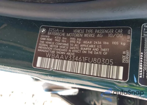 2001 BMW 325I from USA, damaged, VIN WBAAV33461FU80305